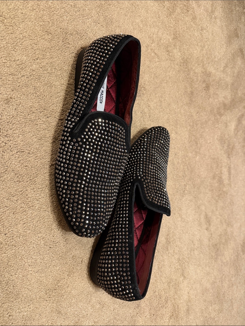Steve Madden Black Studded Slip-On Loafers with Red Interior